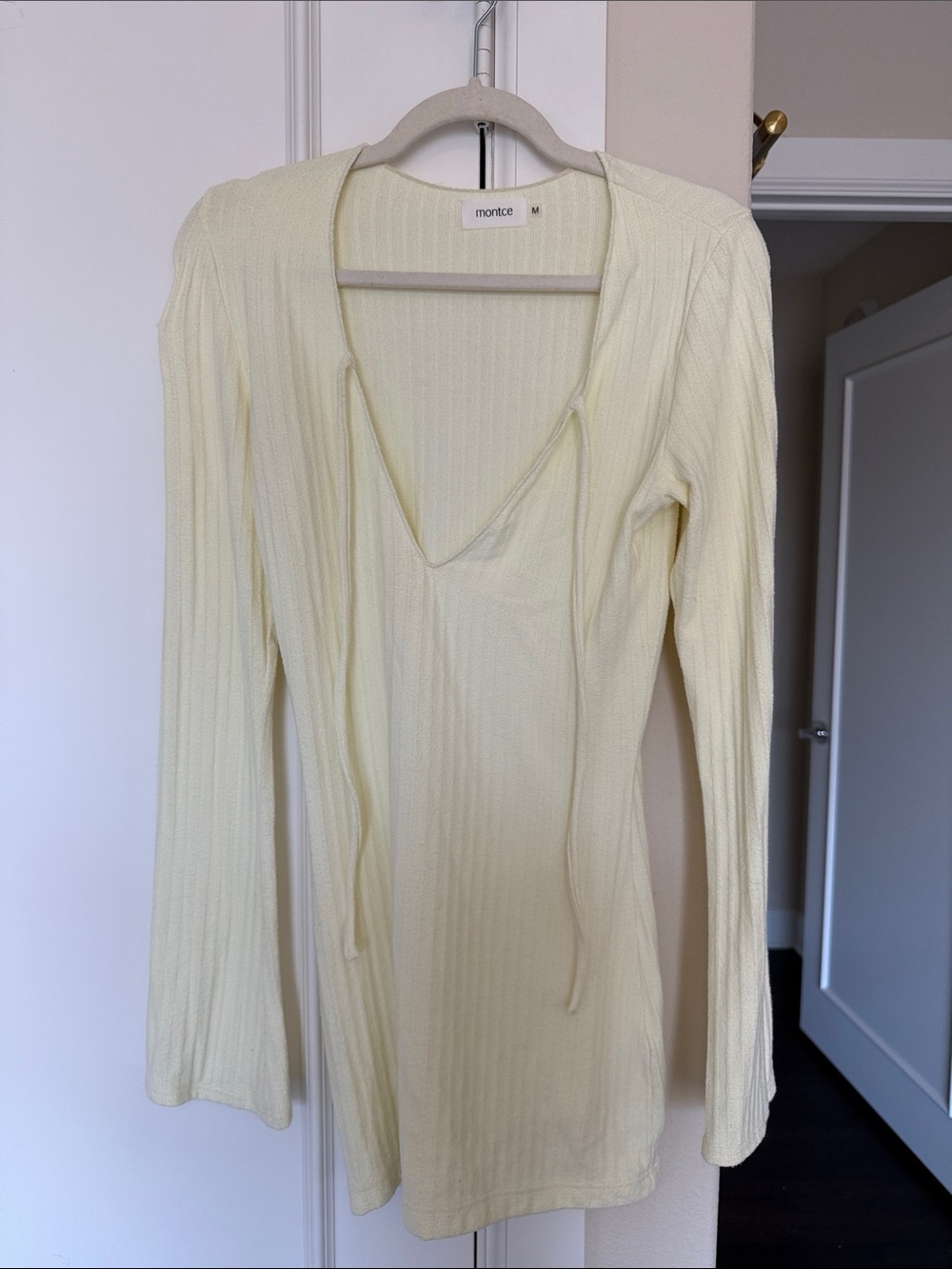 Montce Pale Yellow Ribbed V-Neck Tie-Front Long Sleeve Top